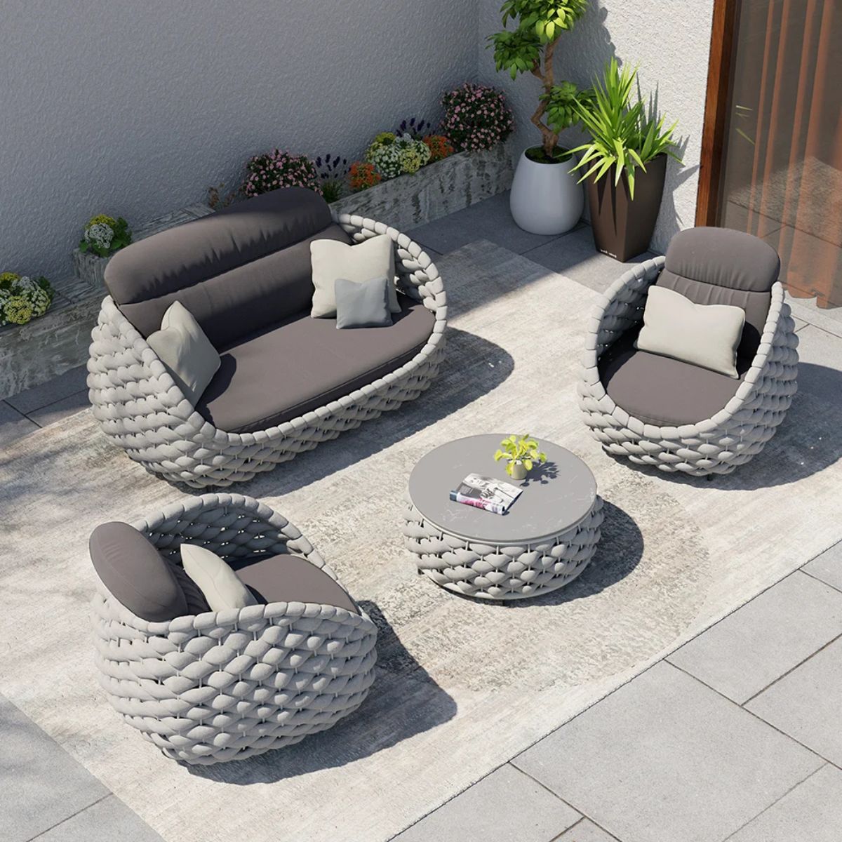 4-Piece Woven Rope Outdoor Swivel Sofa Set with Storage Coffee Table - Tatta Collection