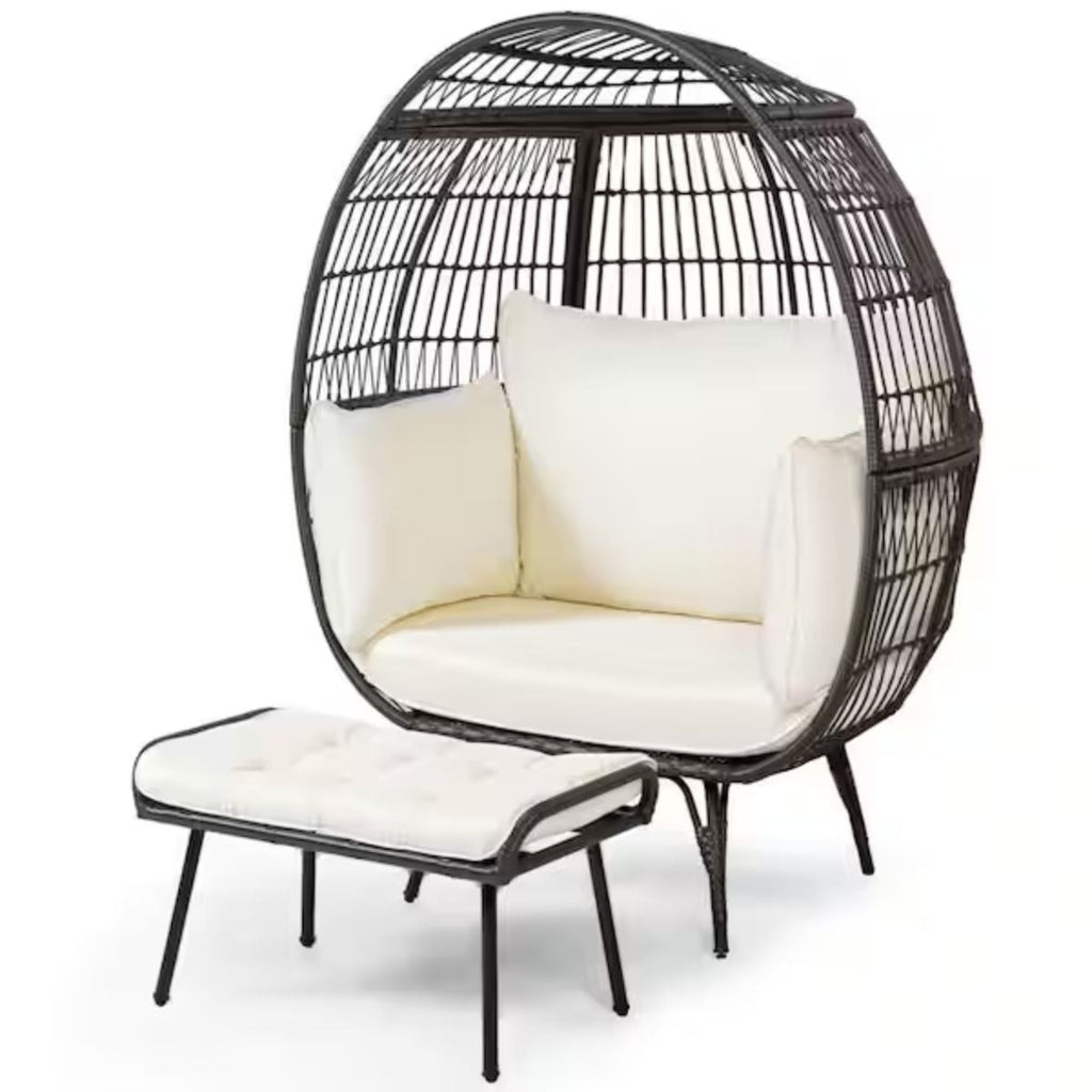 Oversized Wicker Egg Chair with Ottoman & Cushions - Indoor/Outdoor (Off White)