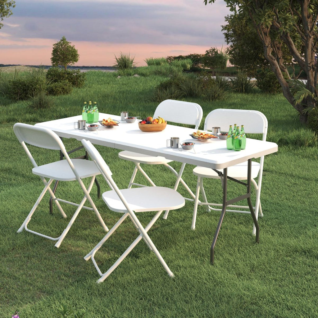 6ft Folding Trestle Table and 4 Chair Set - Portable White Outdoor/Indoor Dining Set