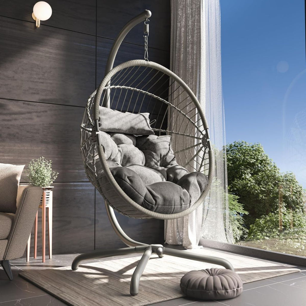 Foldable Hanging Egg Chair with Stand & Cushions - Indoor/Outdoor Patio Swing