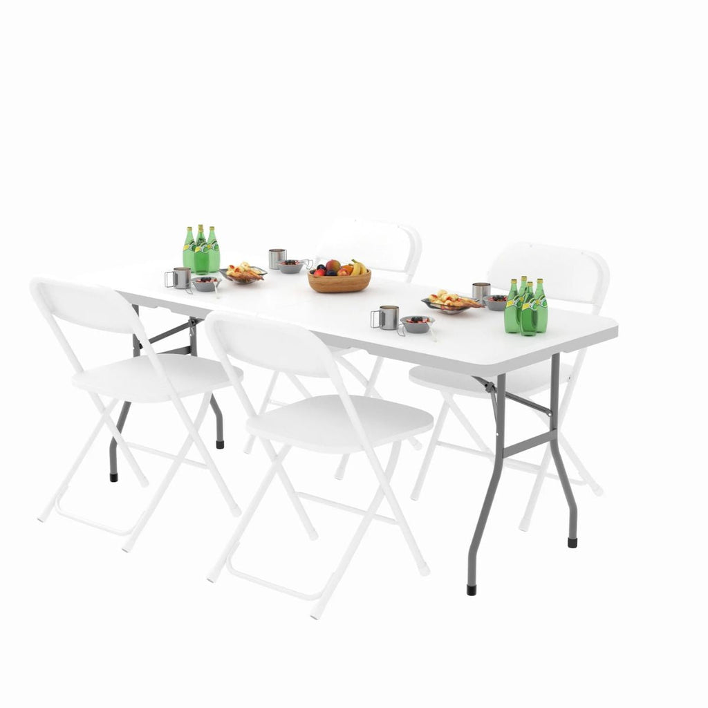 6ft Folding Trestle Table and 4 Chair Set - Portable White Outdoor/Indoor Dining Set