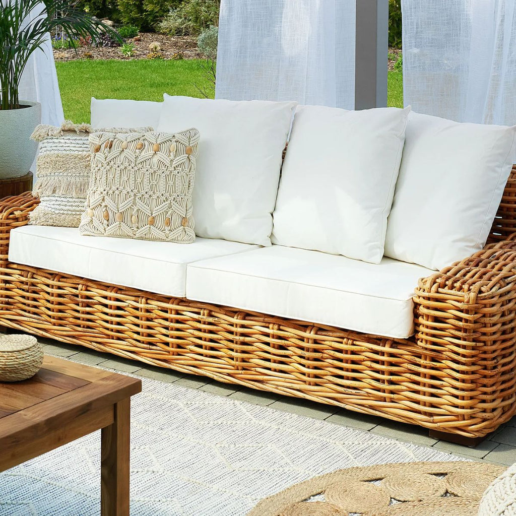 3-Seater Natural Rattan Sofa with White Cushions - Forli Collection (Indoor/Covered Patio)