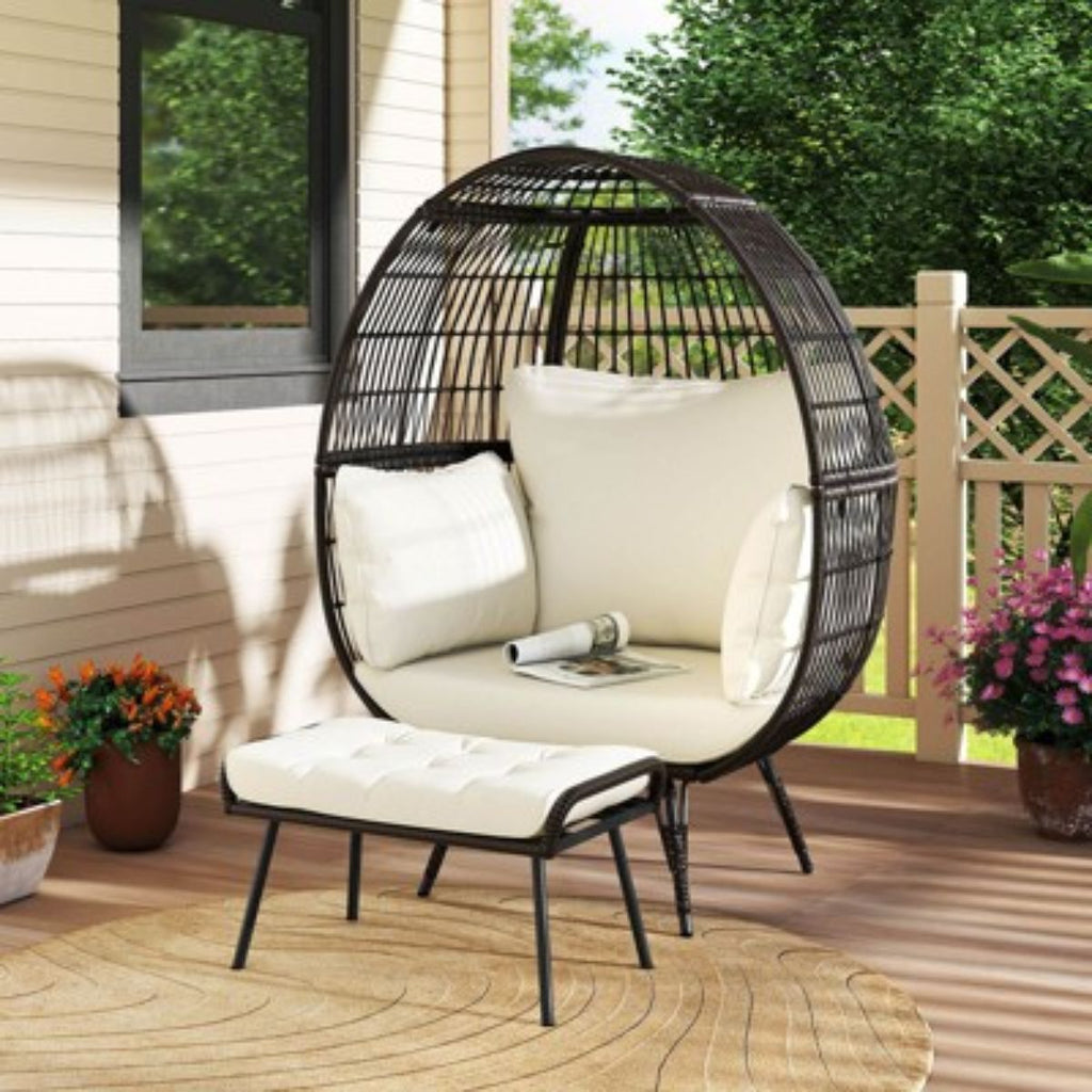 Oversized Wicker Egg Chair with Ottoman & Cushions - Indoor/Outdoor (Off White)