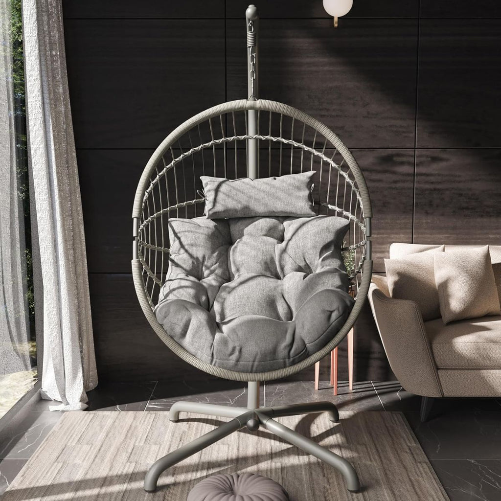 Foldable Hanging Egg Chair with Stand & Cushions - Indoor/Outdoor Patio Swing