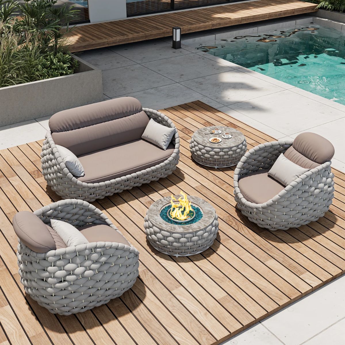 4-Piece Woven Rope Outdoor Swivel Sofa Set with Storage Coffee Table - Tatta Collection