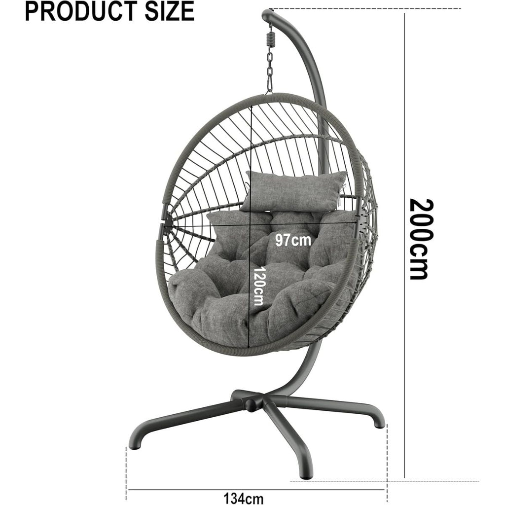 Foldable Hanging Egg Chair with Stand & Cushions - Indoor/Outdoor Patio Swing
