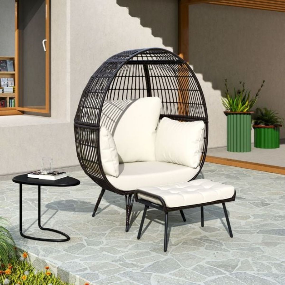 Oversized Wicker Egg Chair with Ottoman & Cushions - Indoor/Outdoor (Off White)