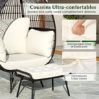 Oversized Wicker Egg Chair with Ottoman & Cushions - Indoor/Outdoor (Off White)