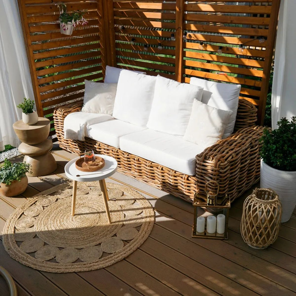 3-Seater Natural Rattan Sofa with White Cushions - Forli Collection (Indoor/Covered Patio)