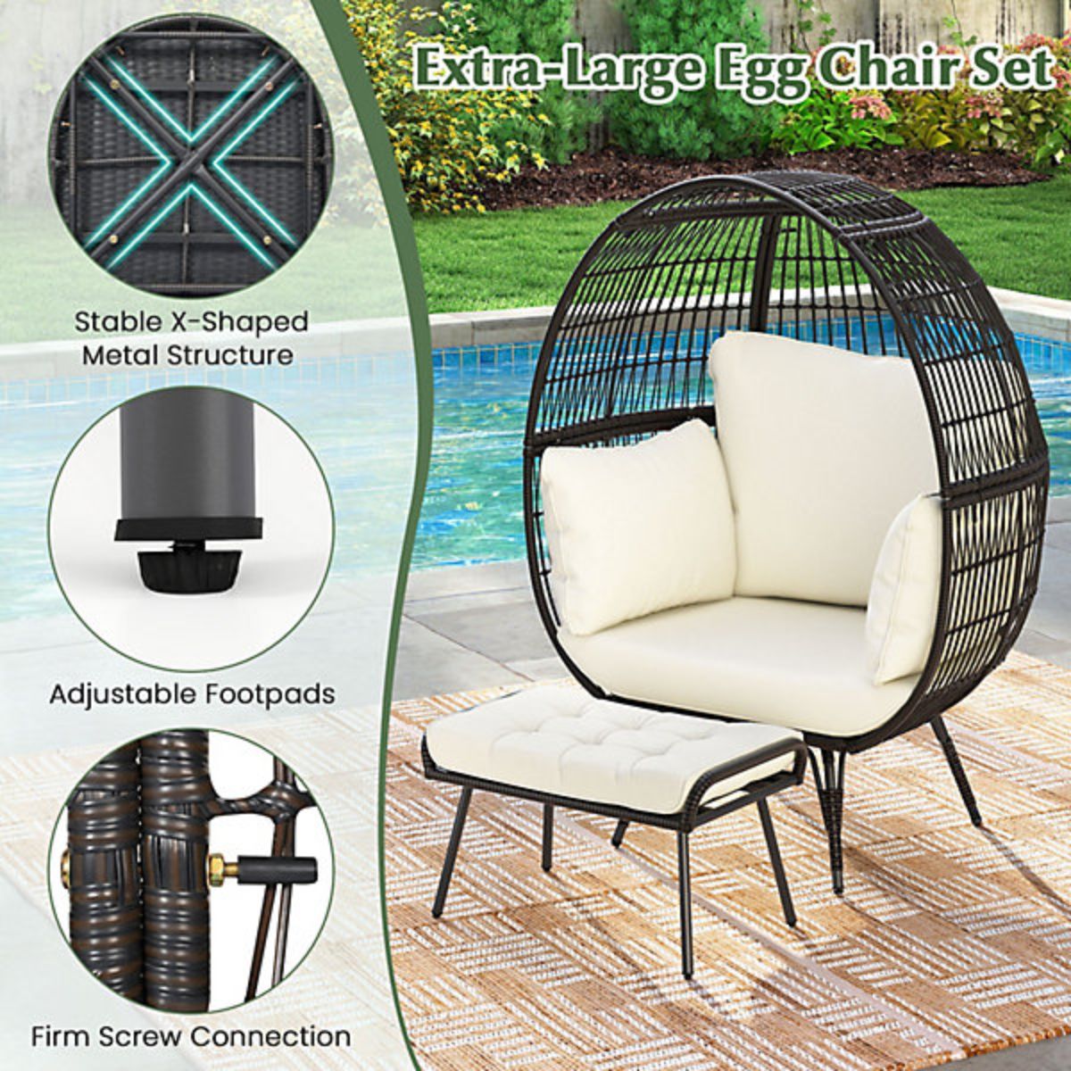 Oversized Wicker Egg Chair with Ottoman & Cushions - Indoor/Outdoor (Off White)