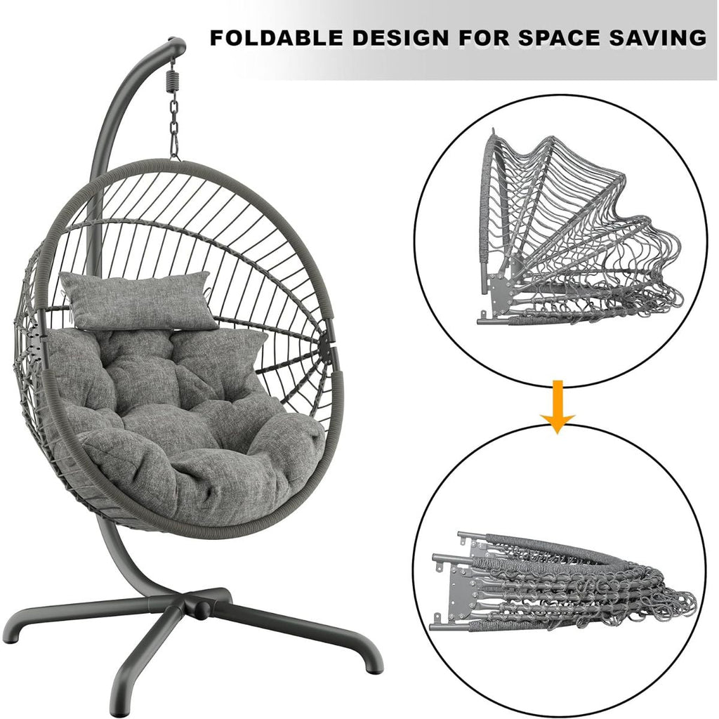 Foldable Hanging Egg Chair with Stand & Cushions - Indoor/Outdoor Patio Swing