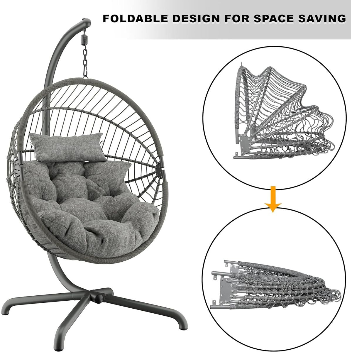 Foldable Hanging Egg Chair with Stand & Cushions - Indoor/Outdoor Patio Swing